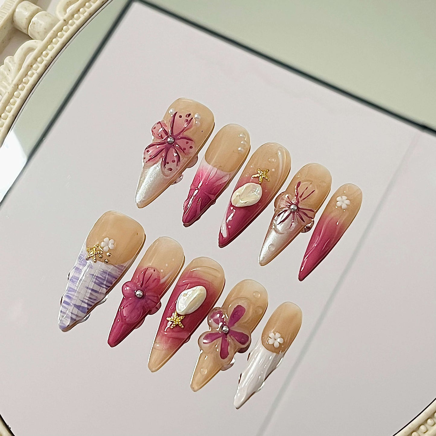 Purple Petals & Pearls Press-On Nails |Ombré, 3D Flowers & Star Charms | Girly Reusable Manicure | Fake Nails False Nails - Liliana Nail's