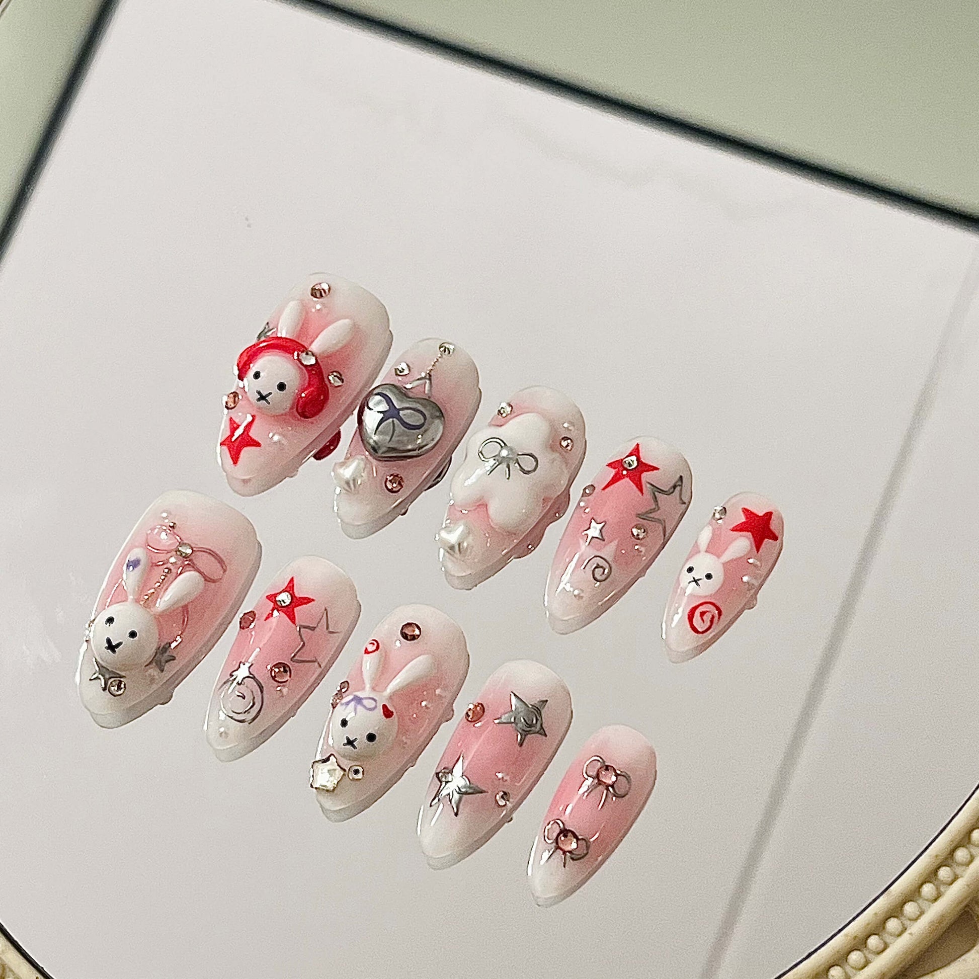 Rock Bunny Y2K Handmade Acrylic Press-On Nails – Cute 3D Kawaii Pink Star Nails Fake Nails - Liliana Nail's