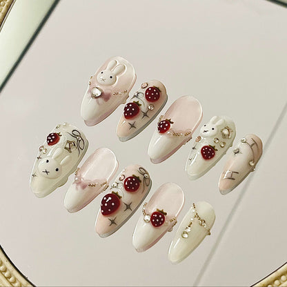 Kawaii Adorable Bunny & Strawberry Y2K Handmade Acrylic Press-On Nails Fake Nails - Liliana Nail's