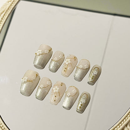 Floral Glam 10pc Cat Eye Acrylic Handmade Press-On Nails|Fake Nails Glue on Nails Short Nails - Liliana Nail's