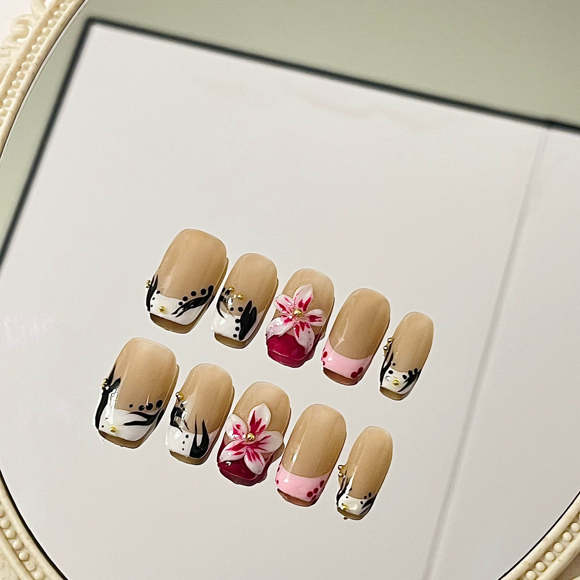 Playful Chic Press-On Nails | Abstract Swirls, 3D Flowers & Pink Hearts | Bold Reusable Manicure| Fake Nails False Nails - Liliana Nail's