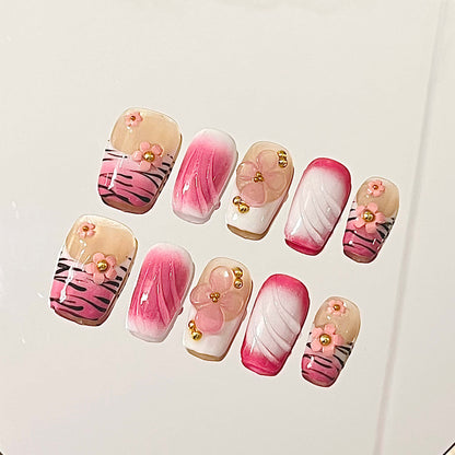 Wild Heart Tiger Press-On Nails | Pink & White Ombré, 3D Flowers & Gold Accents | Edgy Reusable Manicure| Fake Nails False Nails