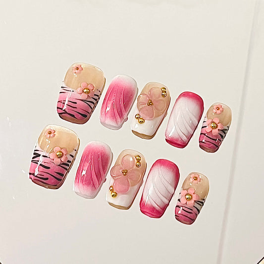 Wild Heart Tiger Press-On Nails | Pink & White Ombré, 3D Flowers & Gold Accents | Edgy Reusable Manicure| Fake Nails False Nails