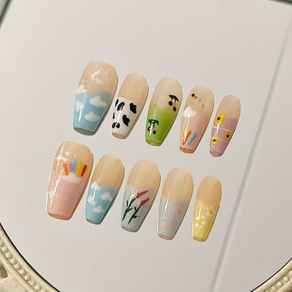 Whimsical Farm Fun Handmade Acrylic Press On Nails | Cow Print, Cherry & Cloud Art| Easy Stick-On Manicure | Fake Nails False Nails - Liliana Nail's