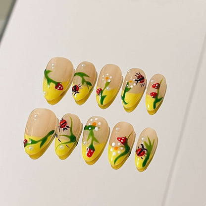 Enchanted Garden Handmade Acrylic Press-On Nails | Easy Stick-On Manicure | Yellow Ladybug  Design| Fake Nails False Nails - Liliana Nail's