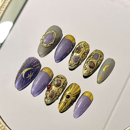 Starry Night Cat Eye Stiletto Handmade Acrylic Press-On Nails| Edgy Reusable Manicure| Fake Nails False Nails Stick on Nails