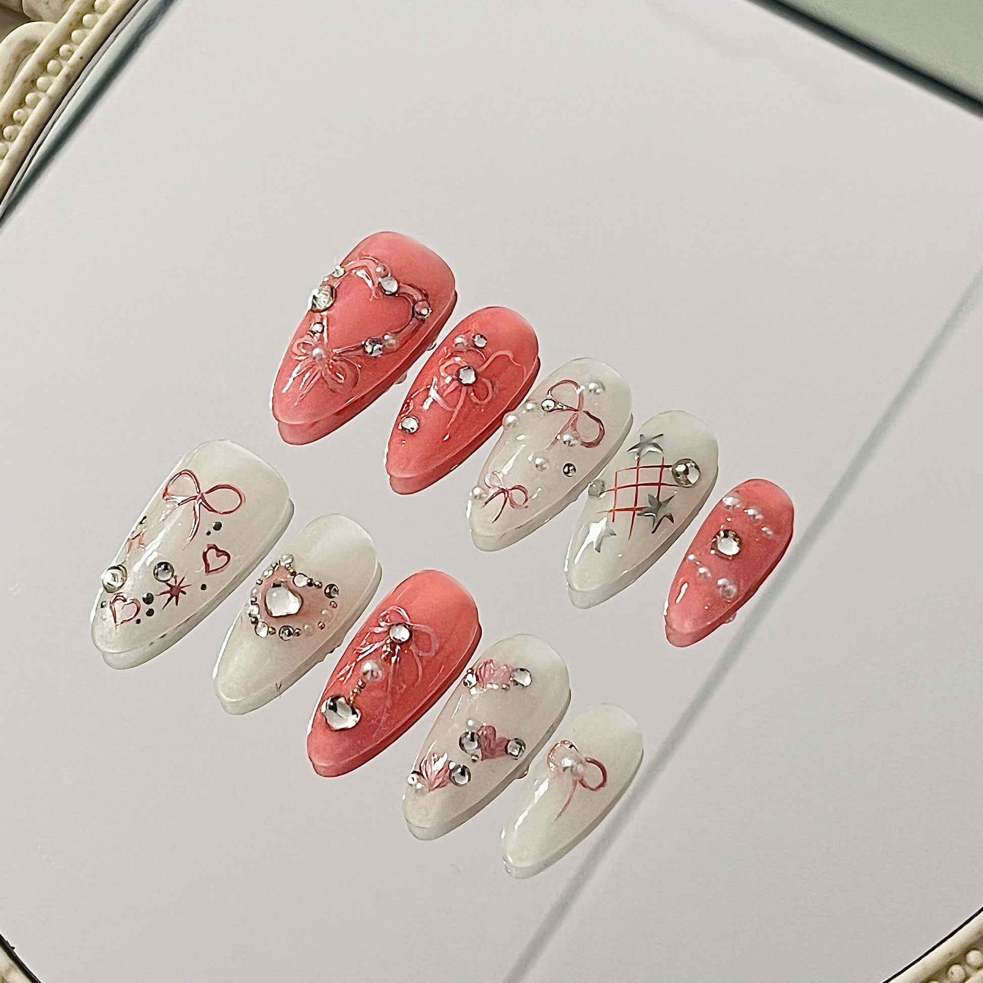 Sweetheart Bow Handmade Acrylic Press-On Nails | Pink & White Rhinestone Glam | Instant Cute Manicure | Fake Nails False Nails - Liliana Nail's