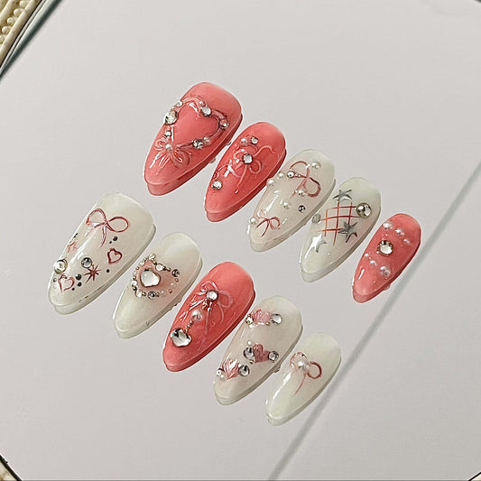 Sweetheart Bow Handmade Acrylic Press-On Nails | Pink & White Rhinestone Glam | Instant Cute Manicure | Fake Nails False Nails - Liliana Nail's