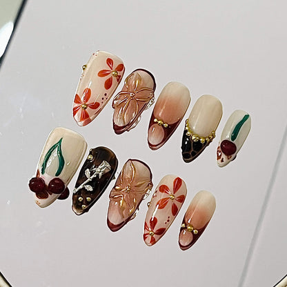 Cherry Blossom Picnic| 10pc 3D Flowers & Cherries Tortoise Acrylic Handmade Press-On Nails - Liliana Nail's