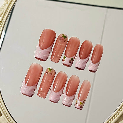 Blush Jelly Press-On Nails – Pink Cherry Garden Vibes with 3D Petal Swirls | Long Coffin Nails - Liliana Nail's