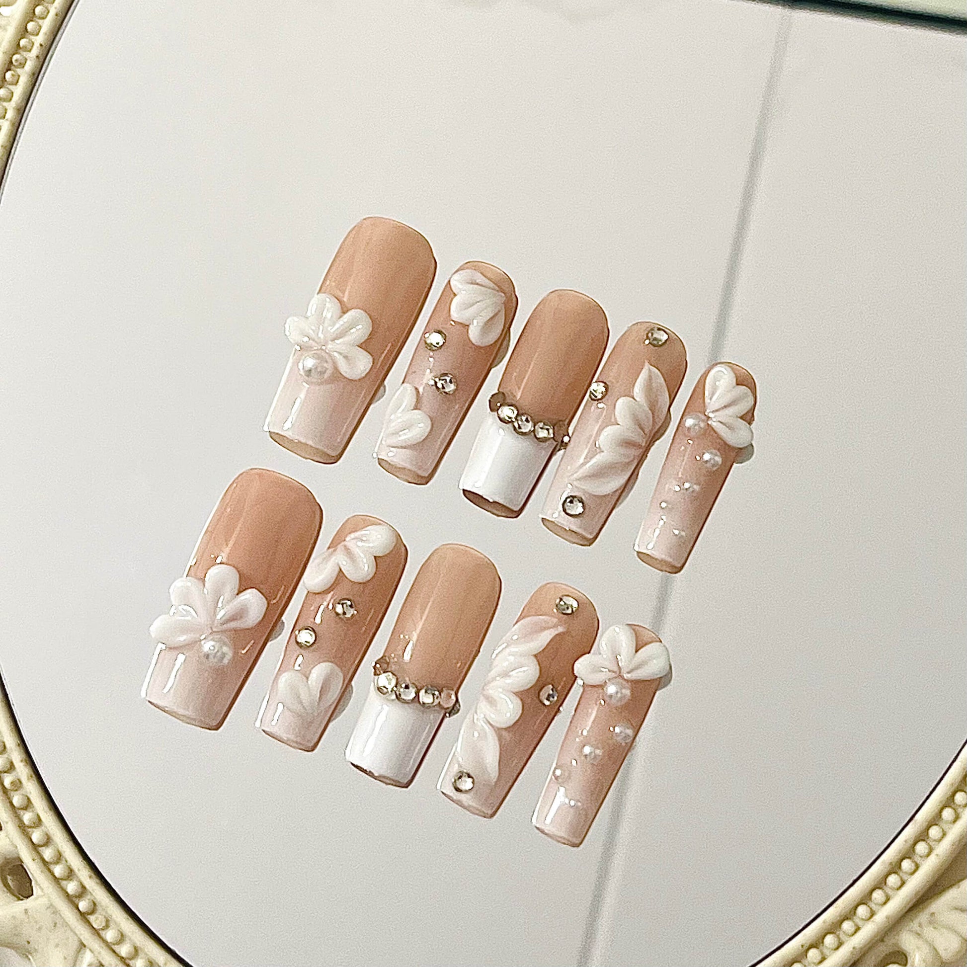 3D Flower Elegant Pearl & Rhinestone Embellished Long Coffin Nails | Handmade Bridal Nails for Wedding or Party| Fake Nails - Liliana Nail's