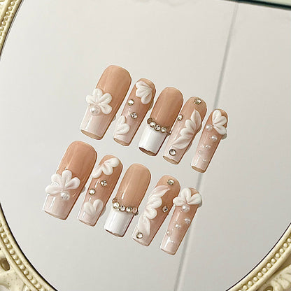 3D Flower Elegant Pearl & Rhinestone Embellished Long Coffin Nails | Handmade Bridal Nails for Wedding or Party| Fake Nails - Liliana Nail's