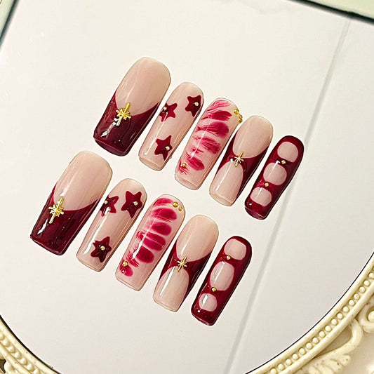 Velvet Rouge Starlight Press-On Nails| Long Coffin Nails| Stick on Manicure| Fake Nails False Nails