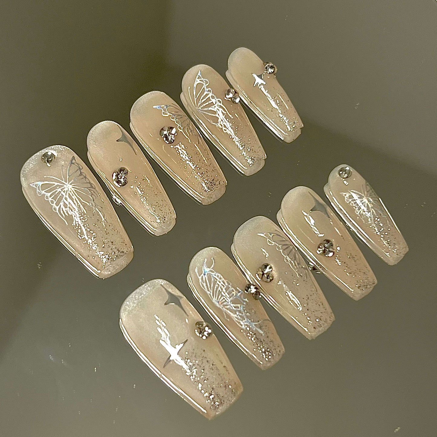 Nude Glitter Butterfly Medium Coffin 10pc Nails| Acrylic Handmade Press on Nails - Liliana Nail's