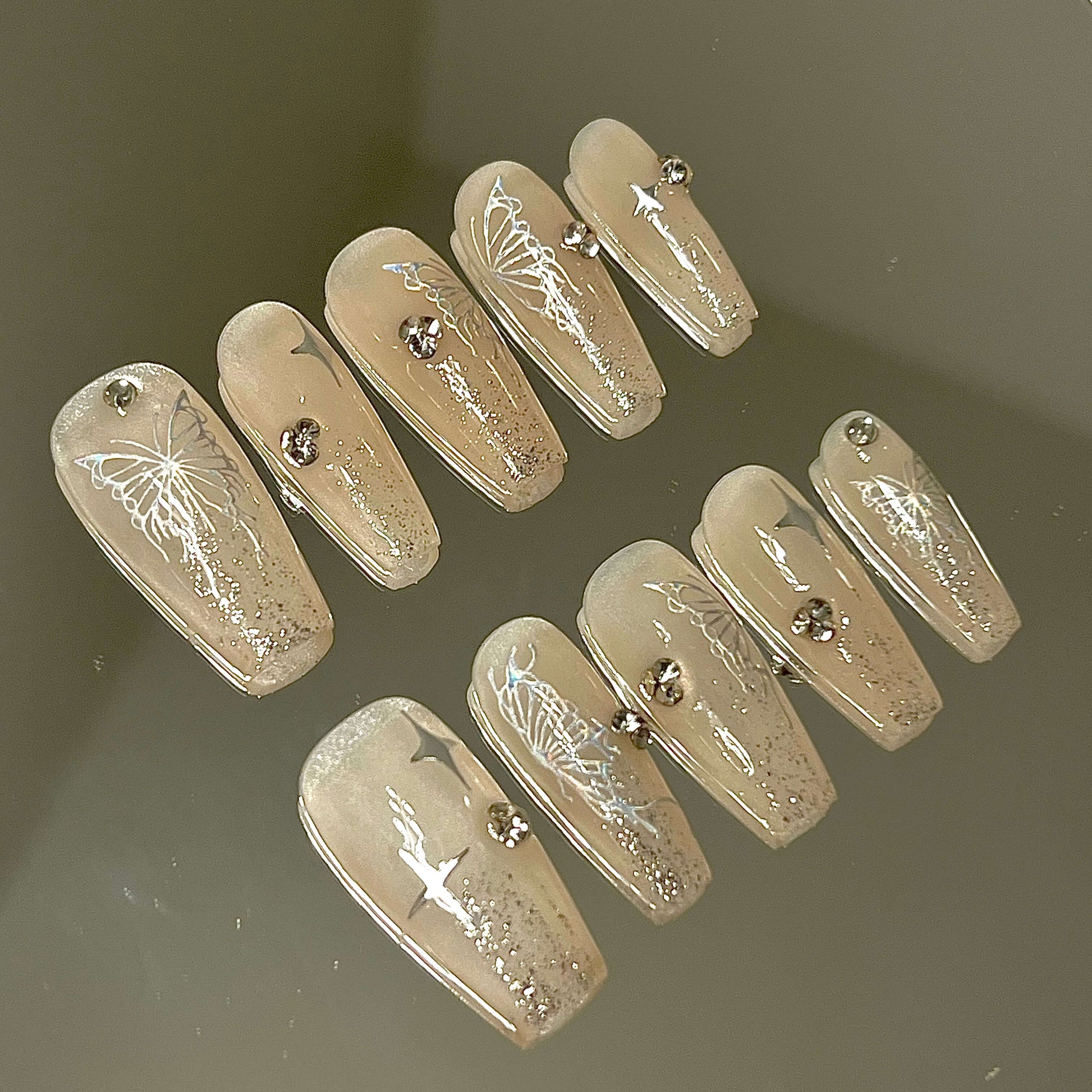 Nude Glitter Butterfly Medium Coffin 10pc Nails| Acrylic Handmade Press on Nails - Liliana Nail's