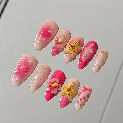 Pink 3D Tropical Flower Handmade Acrylic Press-On Nails | Cute Reusable Manicure | Fake Nails False Nails