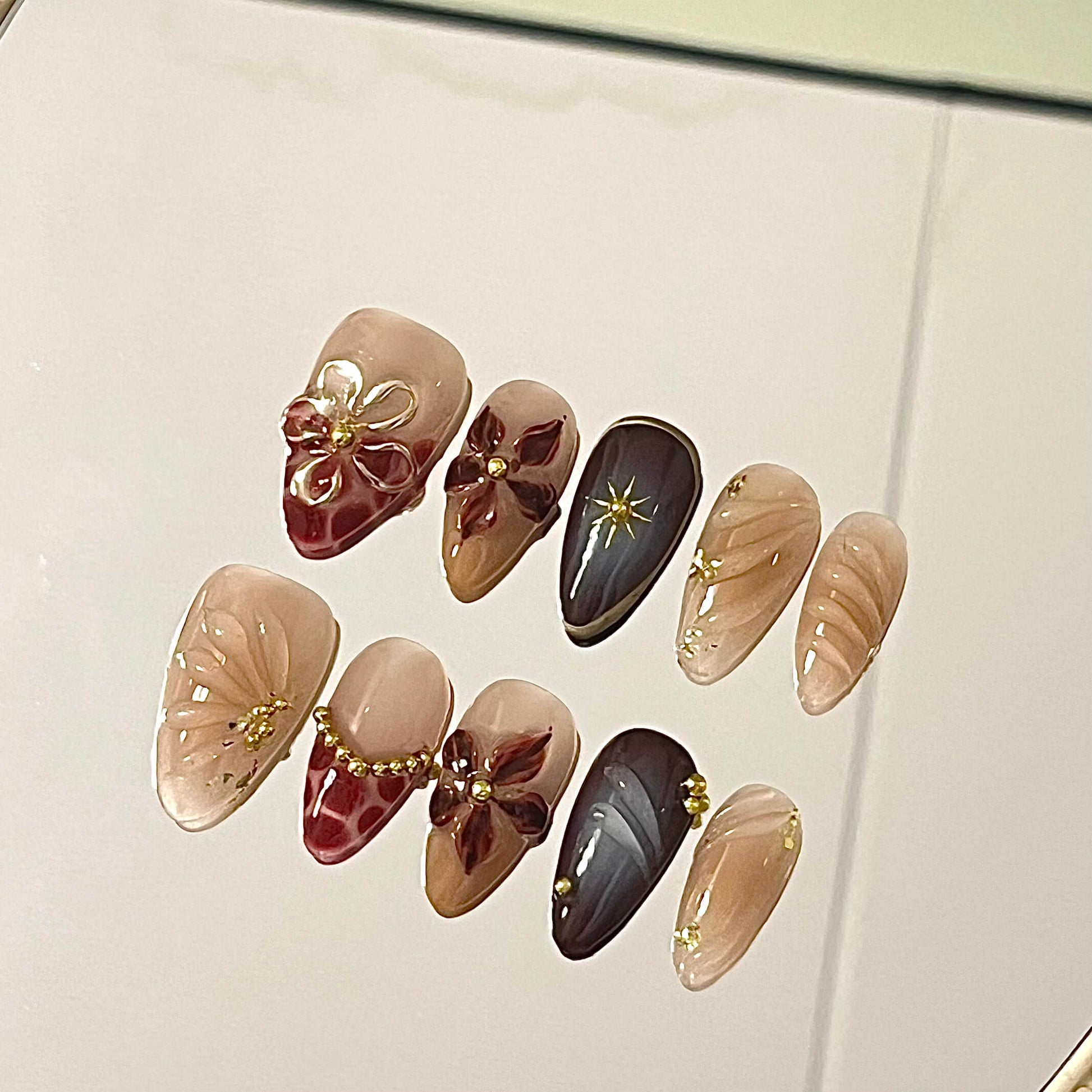 Autumn Bloom Handmade Acrylic Press-On Nails | 3D Floral & Gem Accents | Rich Burgundy & Nude Reusable Manicure | Fake Nails False Nails - Liliana Nail's