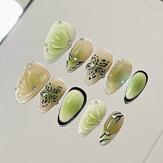 Enigmatic Jade 3D Gel Handmade Acrylic Press-On Nails | Easy Stick-On Manicure | Elegant Bloom Design| Fake Nails False Nails - Liliana Nail's