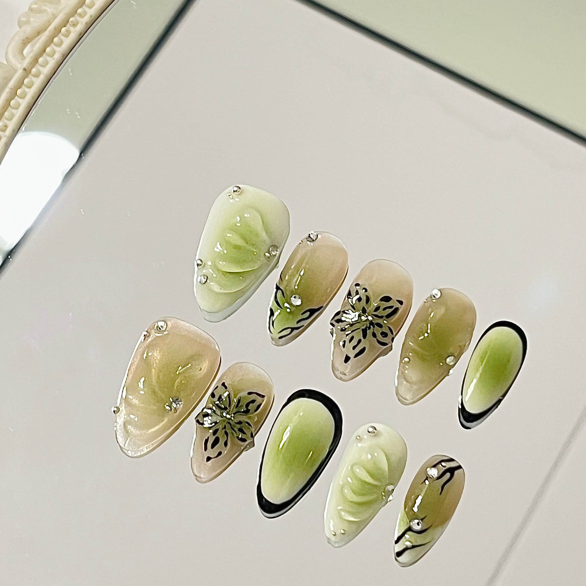 Enigmatic Jade 3D Gel Handmade Acrylic Press-On Nails | Easy Stick-On Manicure | Elegant Bloom Design| Fake Nails False Nails - Liliana Nail's