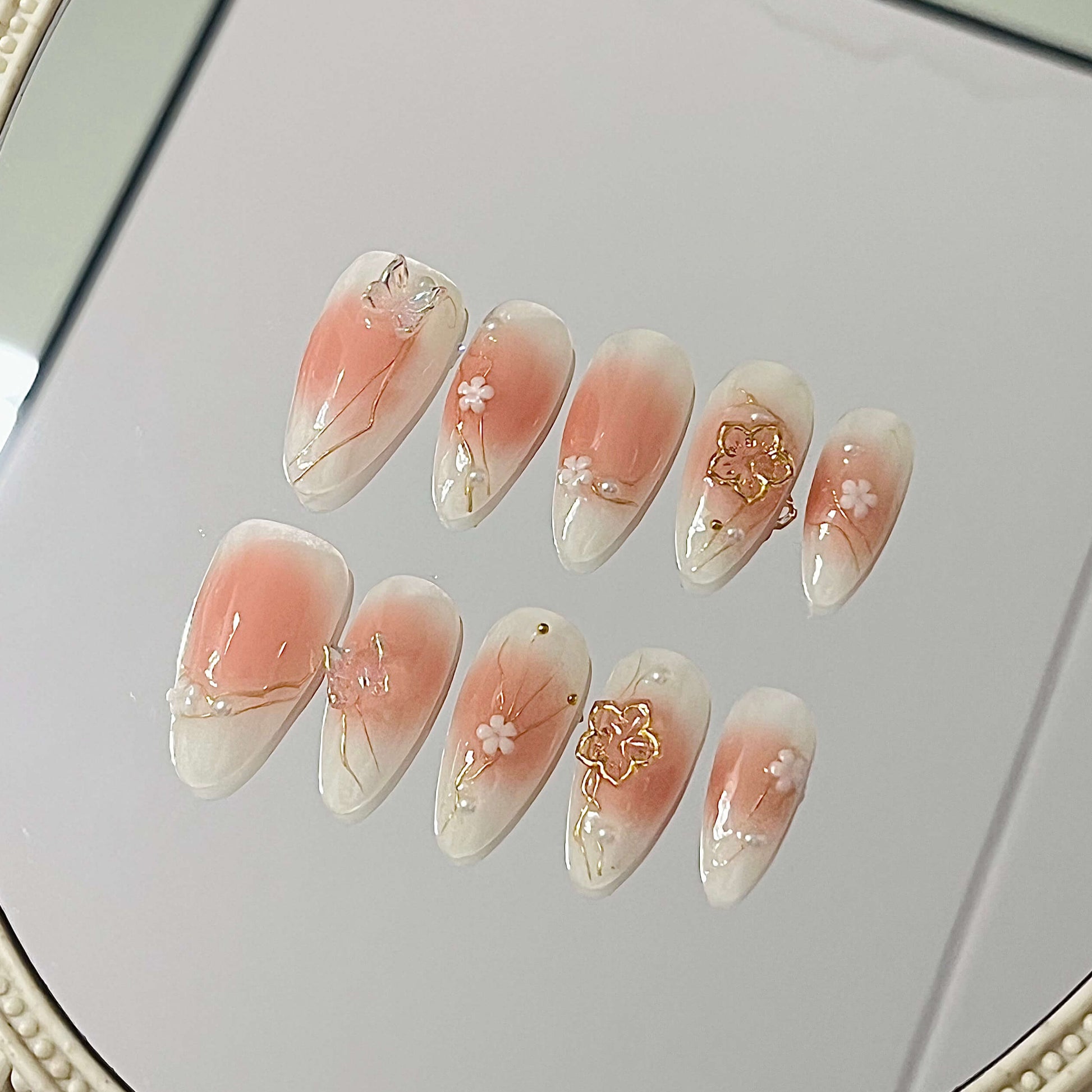 Sakura Blossom & Butterfly Press-On Nails| Elegant Flower Handmade Acrylic Floral Press-On Nails - Liliana Nail's