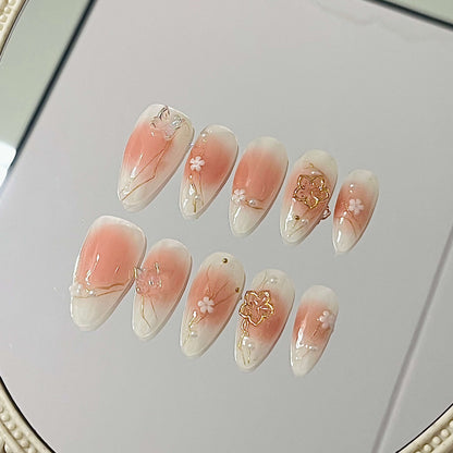 Sakura Blossom & Butterfly Press-On Nails| Elegant Flower Handmade Acrylic Floral Press-On Nails - Liliana Nail's