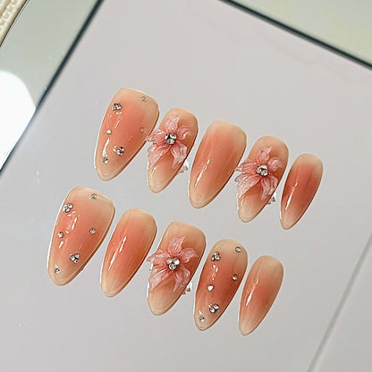Ethereal Peach Bloom Press-On Nails | 3D Pastel Flowers & Rhinestone Sparkle | Romantic Nude Manicure | Fake Nails False Nails