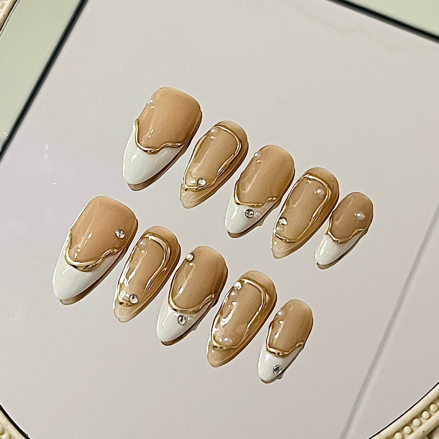 Gilded Nude Glamour Handmade Acrylic Press-On Nails | Sculpted Gold & Rhinestone Accents | Chic Reusable Manicure | Fake Nails False Nails