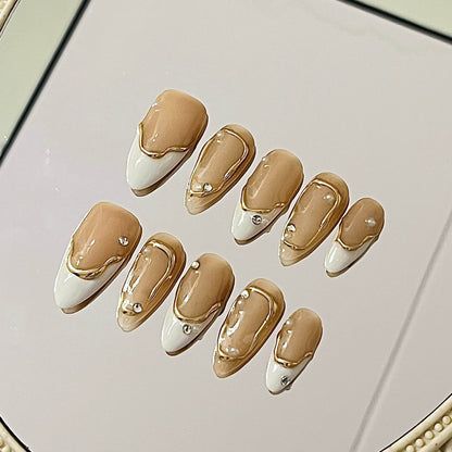 Gilded Nude Glamour Handmade Acrylic Press-On Nails | Sculpted Gold & Rhinestone Accents | Chic Reusable Manicure | Fake Nails False Nails