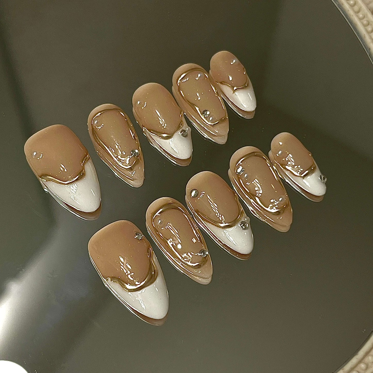 Gilded Nude Glamour Handmade Acrylic Press-On Nails | Sculpted Gold & Rhinestone Accents | Chic Reusable Manicure | Fake Nails False Nails