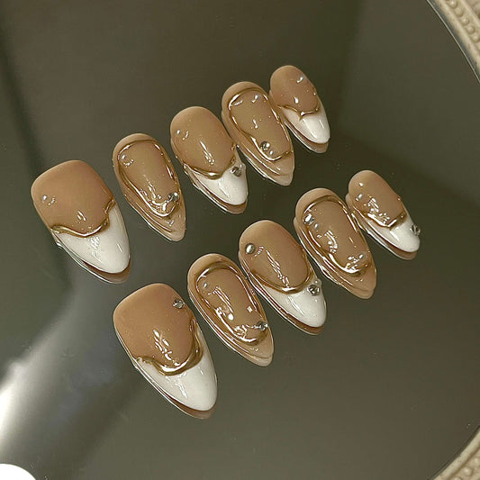 Gilded Nude Glamour Handmade Acrylic Press-On Nails | Sculpted Gold & Rhinestone Accents | Chic Reusable Manicure | Fake Nails False Nails