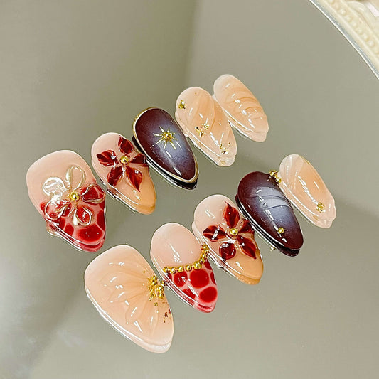 Autumn Bloom Handmade Acrylic Press-On Nails | 3D Floral & Gem Accents | Rich Burgundy & Nude Reusable Manicure | Fake Nails False Nails - Liliana Nail's