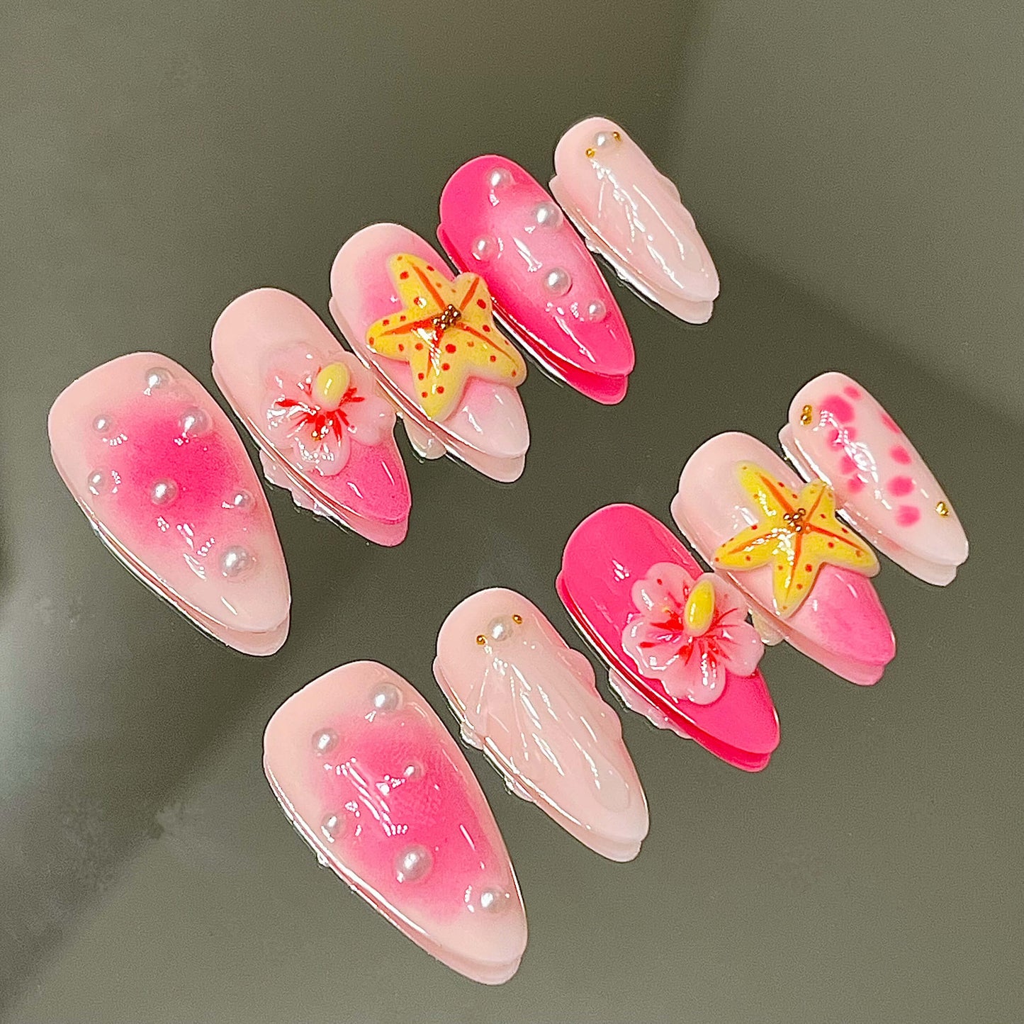 Pink 3D Tropical Flower Handmade Acrylic Press-On Nails | Cute Reusable Manicure | Fake Nails False Nails