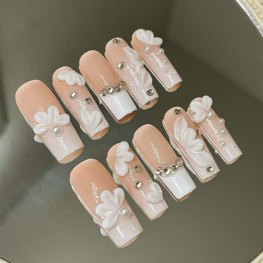 3D Flower Elegant Pearl & Rhinestone Embellished Long Coffin Nails | Handmade Bridal Nails for Wedding or Party| Fake Nails - Liliana Nail's