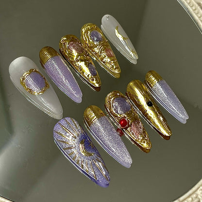 Starry Night Cat Eye Stiletto Handmade Acrylic Press-On Nails| Edgy Reusable Manicure| Fake Nails False Nails Stick on Nails