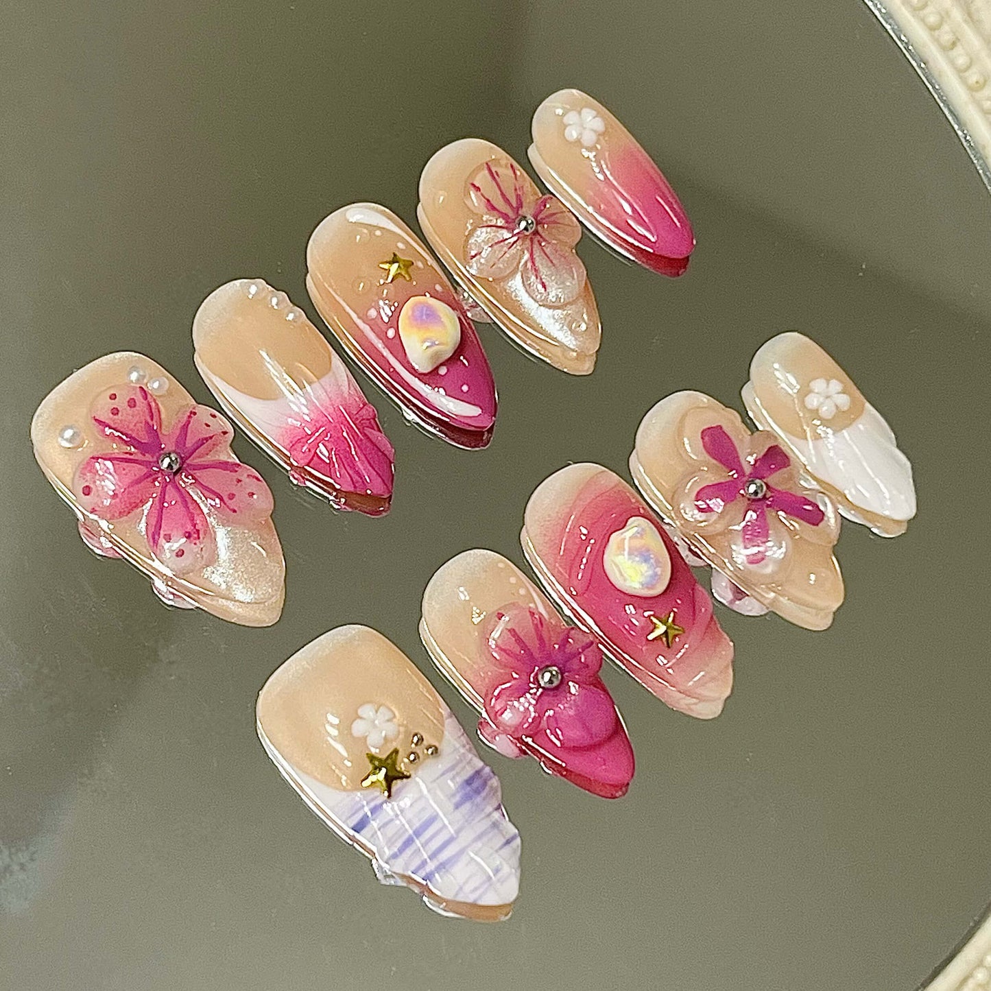 Purple Petals & Pearls Press-On Nails |Ombré, 3D Flowers & Star Charms | Girly Reusable Manicure | Fake Nails False Nails - Liliana Nail's