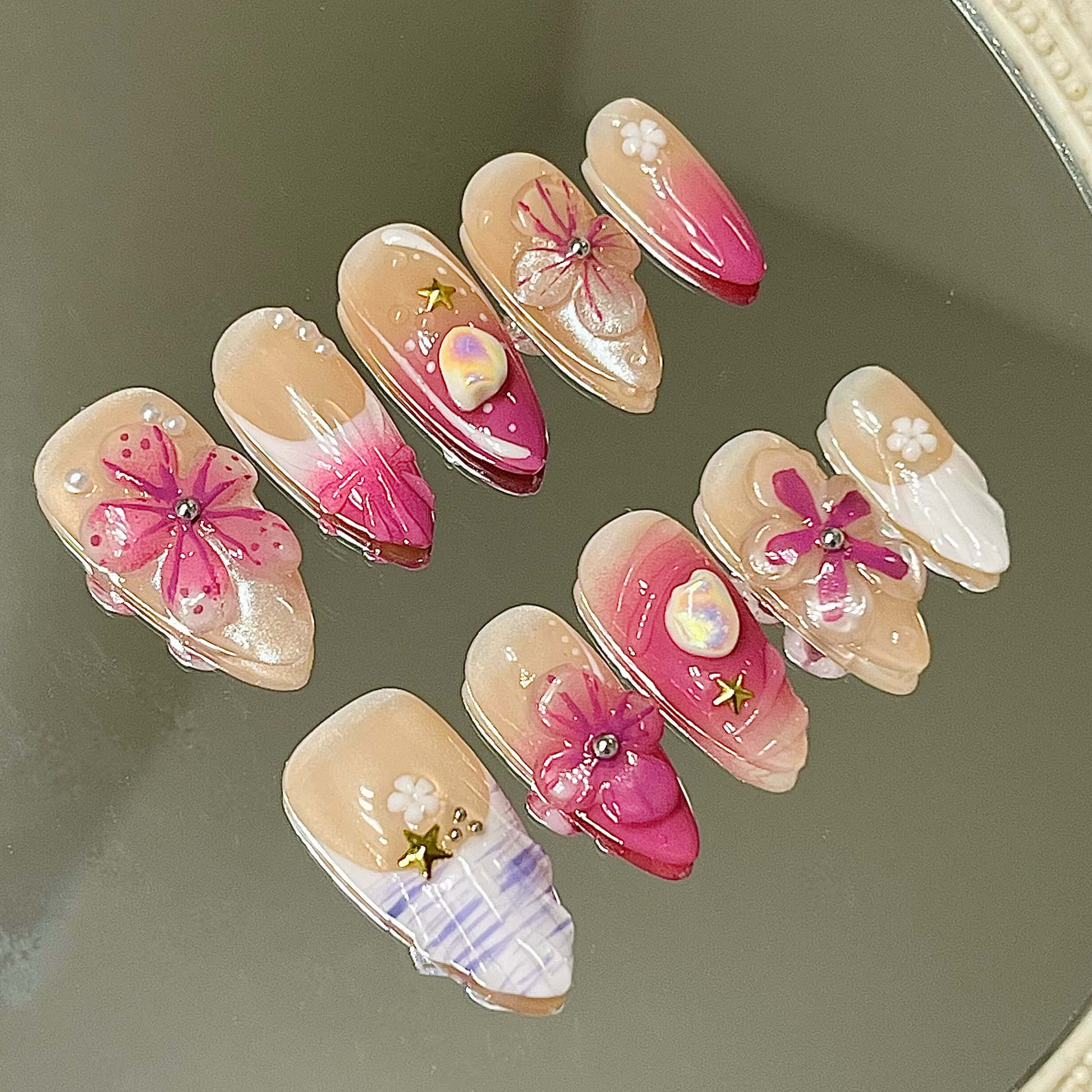 Purple Petals & Pearls Press-On Nails |Ombré, 3D Flowers & Star Charms | Girly Reusable Manicure | Fake Nails False Nails - Liliana Nail's