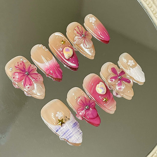 Purple Petals & Pearls Press-On Nails |Ombré, 3D Flowers & Star Charms | Girly Reusable Manicure | Fake Nails False Nails - Liliana Nail's