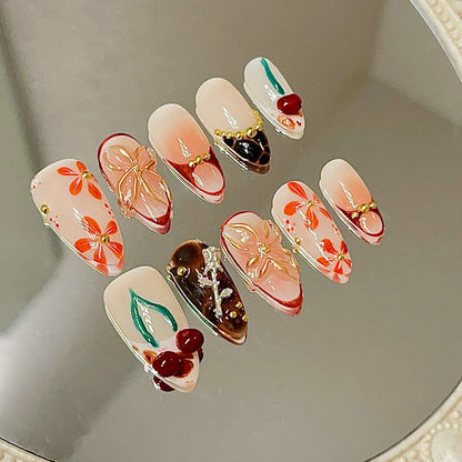 Cherry Blossom Picnic| 10pc 3D Flowers & Cherries Tortoise Acrylic Handmade Press-On Nails - Liliana Nail's