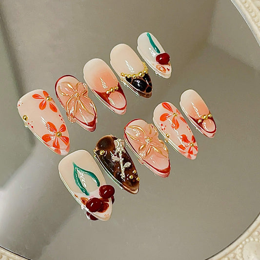Cherry Blossom Picnic| 10pc 3D Flowers & Cherries Tortoise Acrylic Handmade Press-On Nails - Liliana Nail's