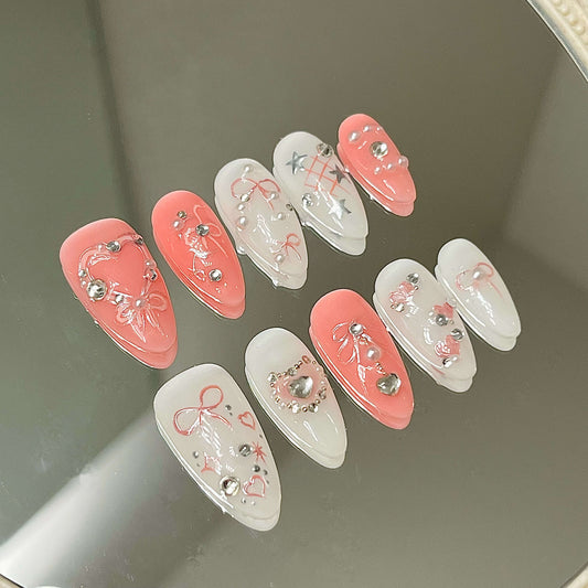 Sweetheart Bow Handmade Acrylic Press-On Nails | Pink & White Rhinestone Glam | Instant Cute Manicure | Fake Nails False Nails - Liliana Nail's