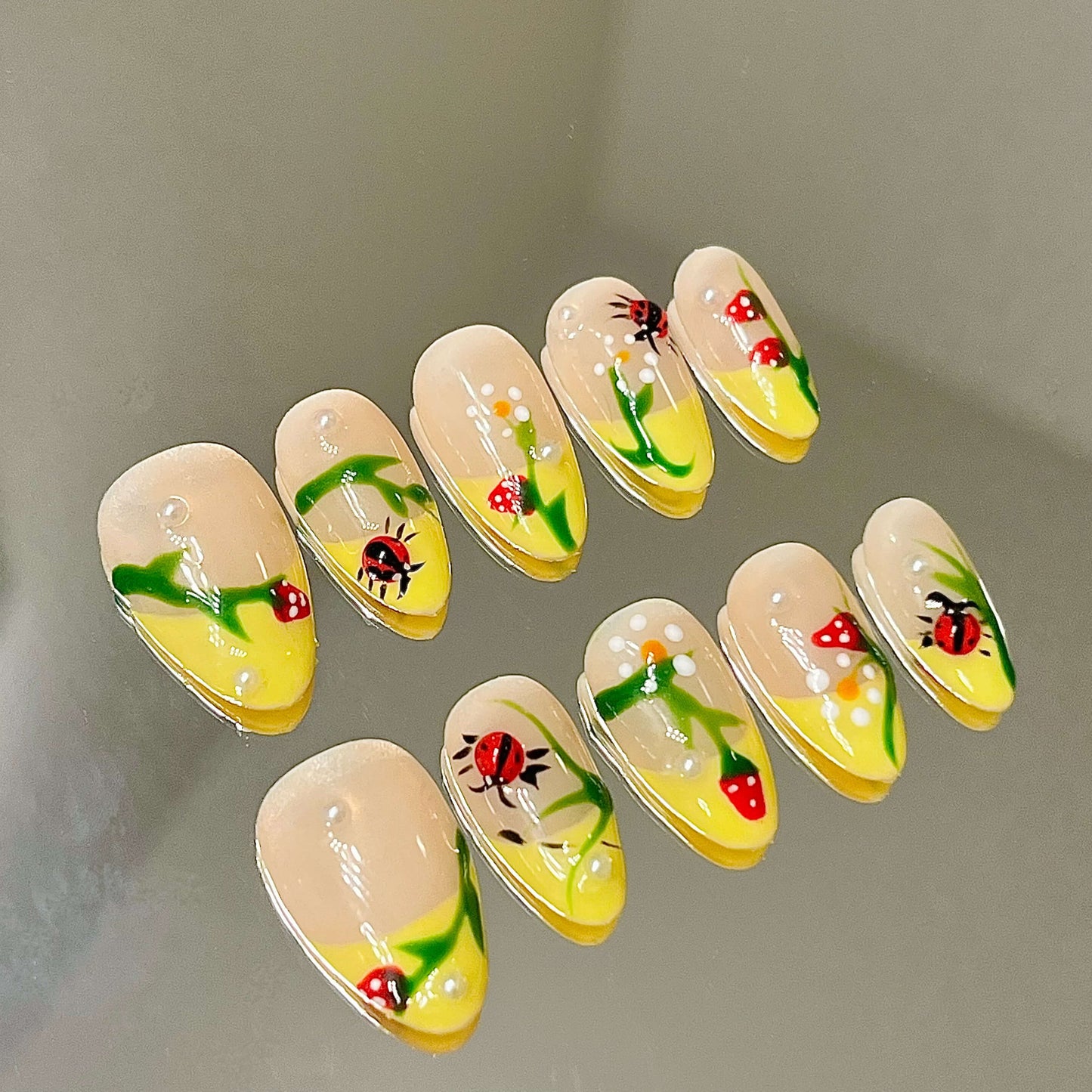 Enchanted Garden Handmade Acrylic Press-On Nails | Easy Stick-On Manicure | Yellow Ladybug  Design| Fake Nails False Nails - Liliana Nail's