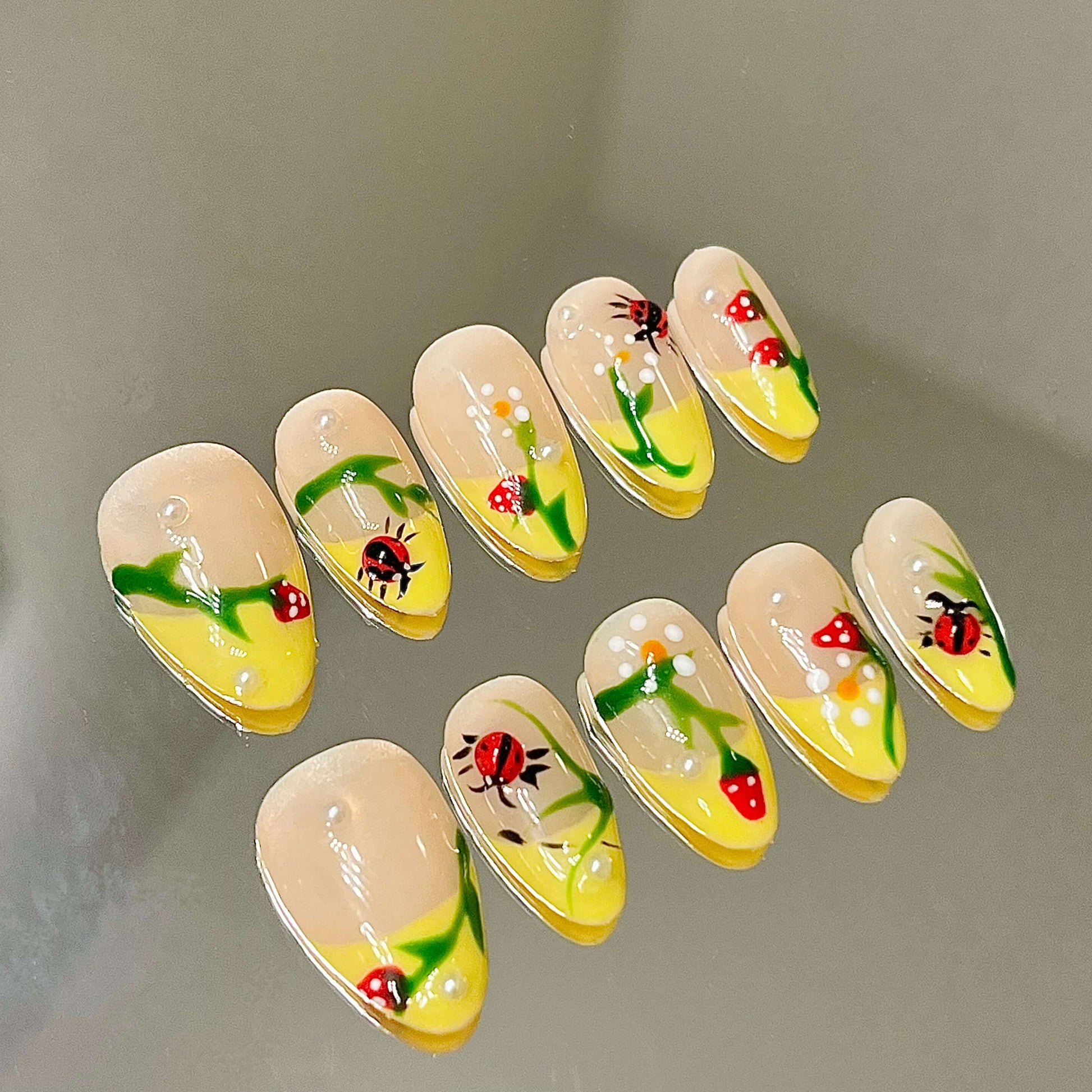 Enchanted Garden Handmade Acrylic Press-On Nails | Easy Stick-On Manicure | Yellow Ladybug  Design| Fake Nails False Nails - Liliana Nail's
