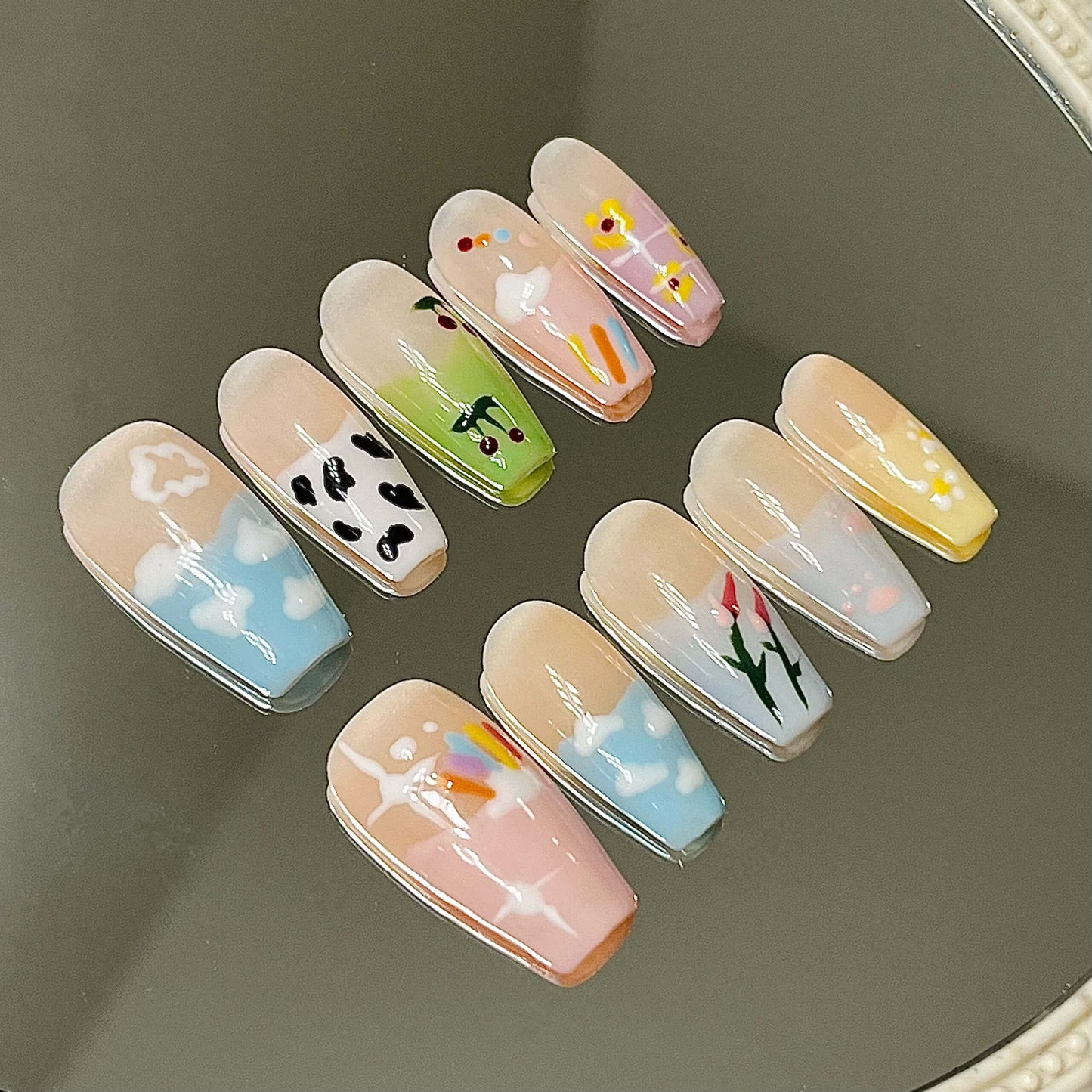 Whimsical Farm Fun Handmade Acrylic Press On Nails | Cow Print, Cherry & Cloud Art| Easy Stick-On Manicure | Fake Nails False Nails - Liliana Nail's
