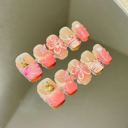 Dreamy Pink Seashell Press-On Nails | 3D Flowers, Pearl Stars & Glitter Swirls | Beachy Reusable Manicure| Fake Nails False Nails
