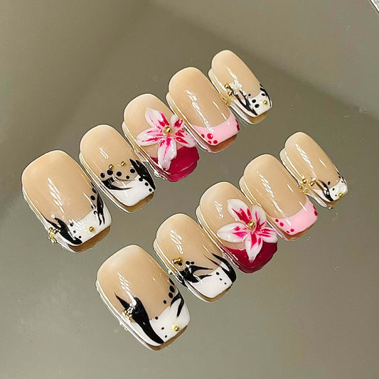 Playful Chic Press-On Nails | Abstract Swirls, 3D Flowers & Pink Hearts | Bold Reusable Manicure| Fake Nails False Nails - Liliana Nail's