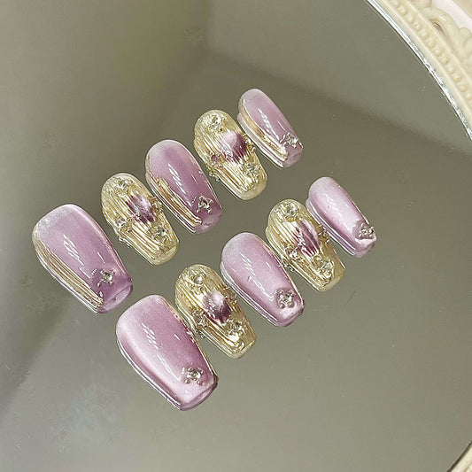 Glamorous Pink & Gold Cat Eye Handmade Acrylic Press-On Nails - Liliana Nail's