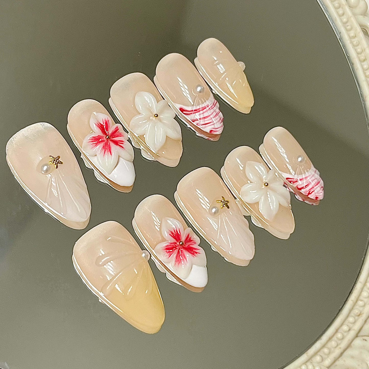 Elegant Nude Floral Press-On Nails | 3D White & Pink Flowers, Swirls & Pearls | Chic Reusable Manicure | Fake Nails False Nails