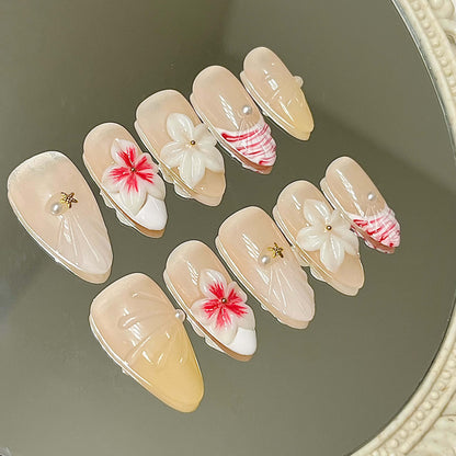 Elegant Nude Floral Press-On Nails | 3D White & Pink Flowers, Swirls & Pearls | Chic Reusable Manicure | Fake Nails False Nails