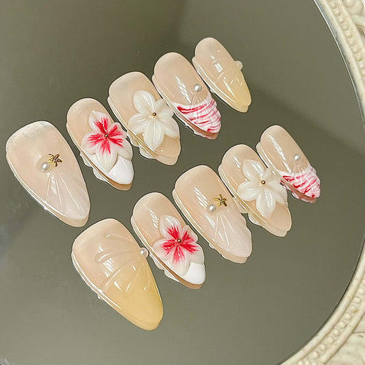 Elegant Nude Floral Press-On Nails | 3D White & Pink Flowers, Swirls & Pearls | Chic Reusable Manicure | Fake Nails False Nails