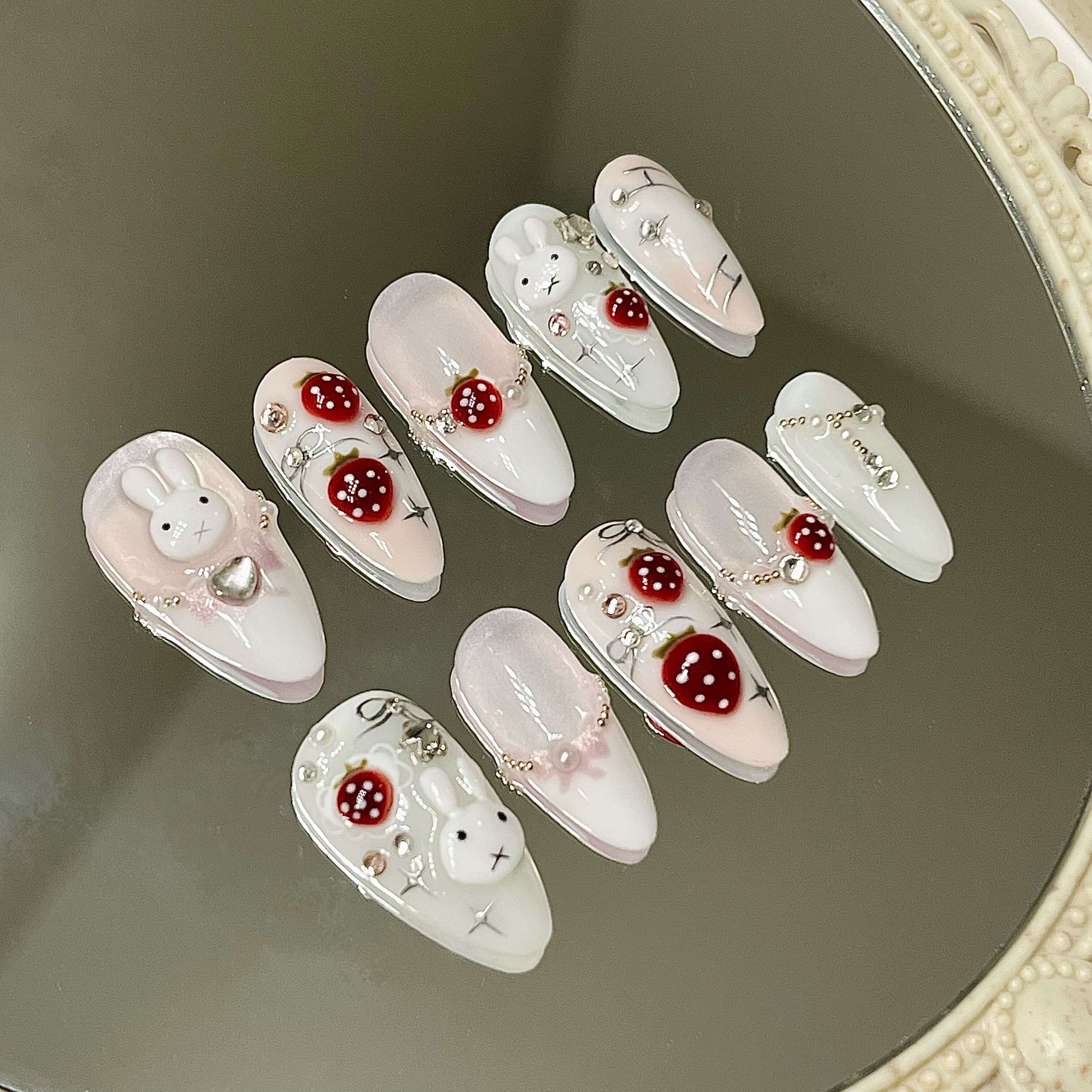 Kawaii Adorable Bunny & Strawberry Y2K Handmade Acrylic Press-On Nails Fake Nails - Liliana Nail's